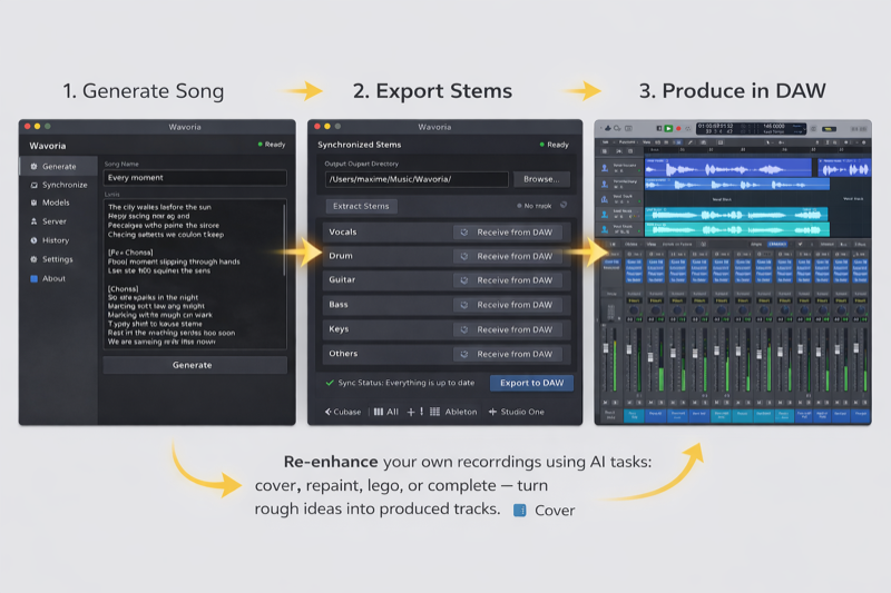 Wavoria workflow: 1. Generate Song → 2. Export Stems → 3. Produce in DAW